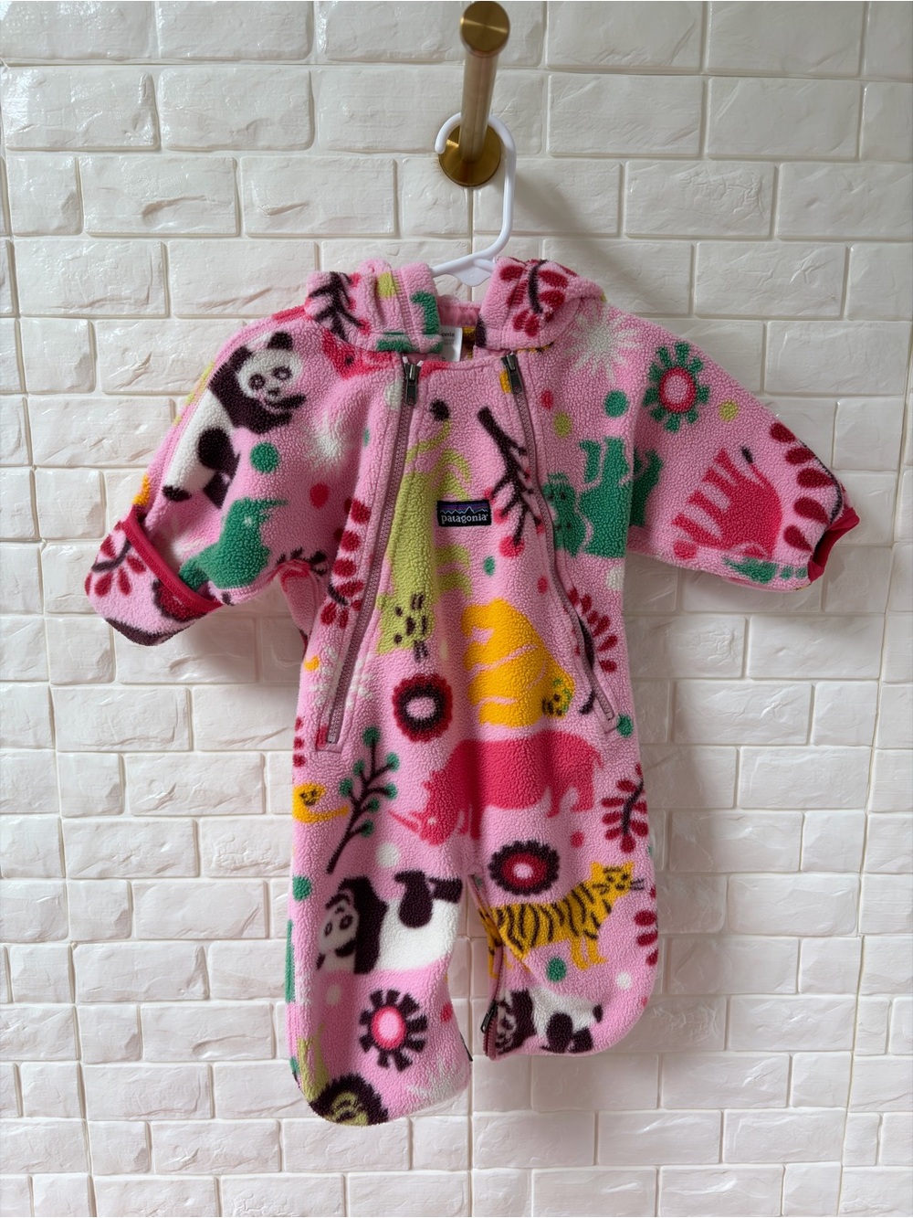 Patagonia Pink Animal Fleece One-Piece Fleece Suit with Hood